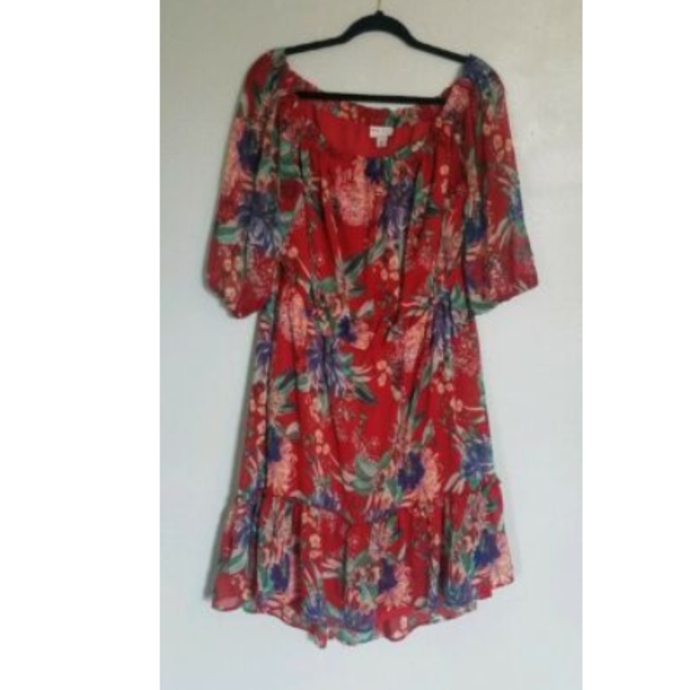 Ava & Viv Red Floral Print Off the Shoulder Dress